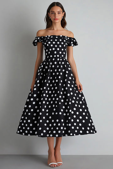 Black White Polka Dot Off The Shoulder Graduation Dress